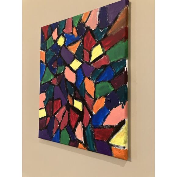 Oil Painting Abstract Small Colorful Canvas 11x14 “Puzzle Plane” Cathedral - Picture 2 of 7